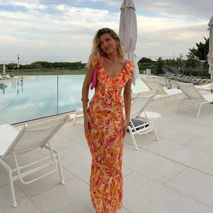 Jade Robe longue | Imprimé floral aquarelle, coupe fluide et ajustée 0