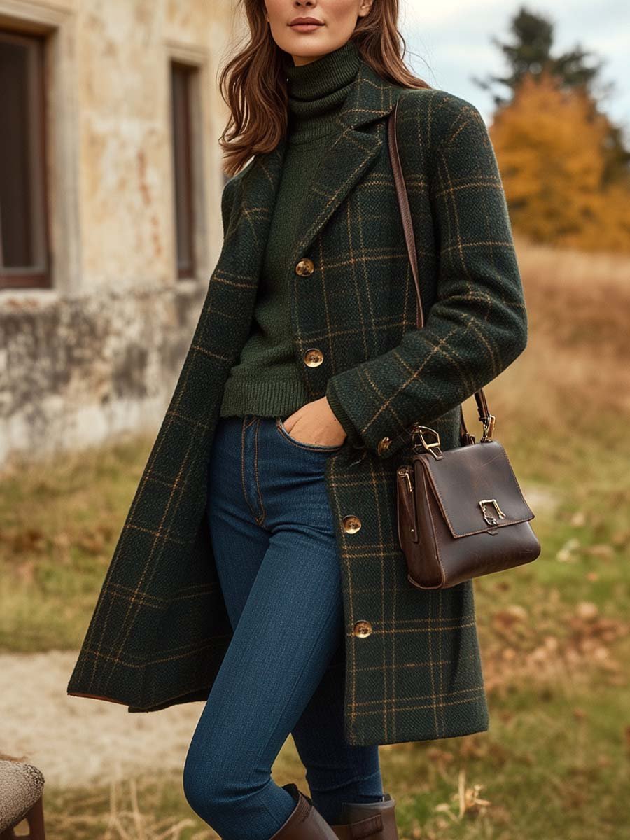 Manteau Hiver Élégance Femme | Laine à Carreaux, Coupe Longue Classique 0