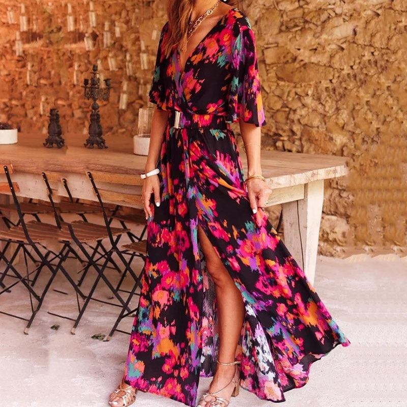 Robe Fleurie Zoé Bohème | Col V, Fente Latérale, Taille Ajustée 1