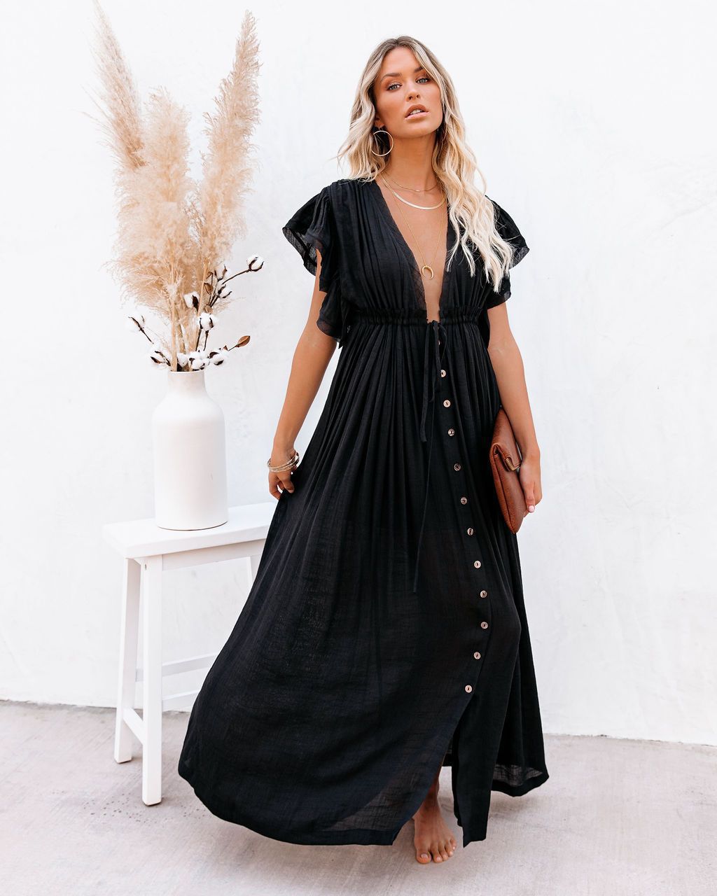 Robe Bohème Longue Camille | Fermeture Boutonnée, Col V, Manches Courtes 5