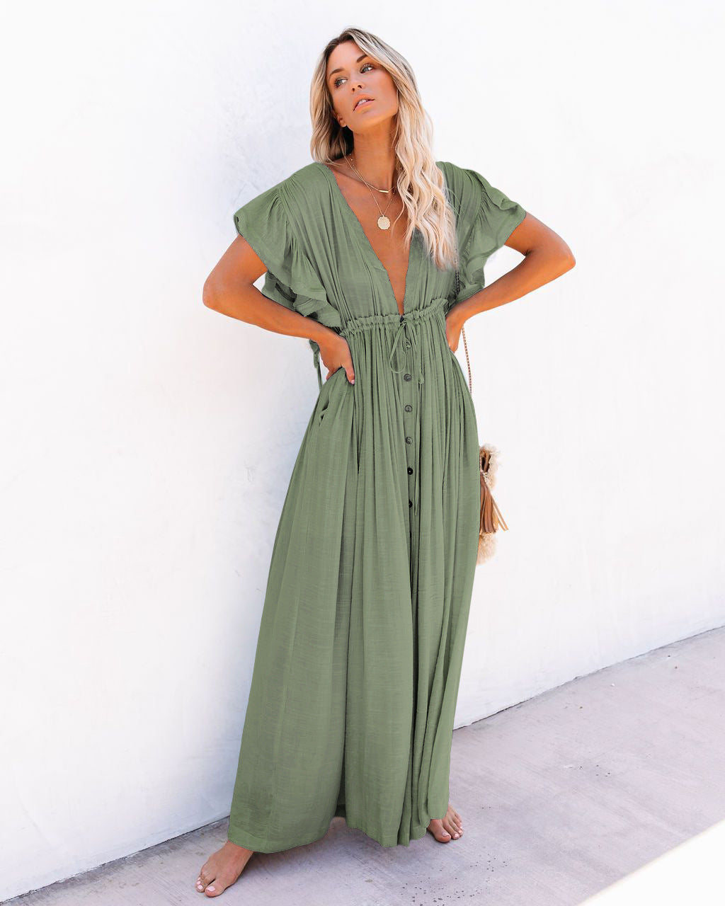 Robe Bohème Longue Camille | Fermeture Boutonnée, Col V, Manches Courtes 3