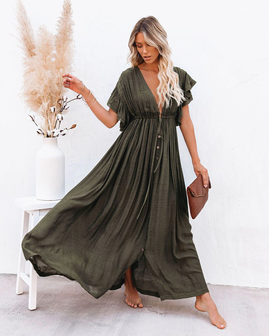 Robe Bohème Longue Camille | Fermeture Boutonnée, Col V, Manches Courtes 2