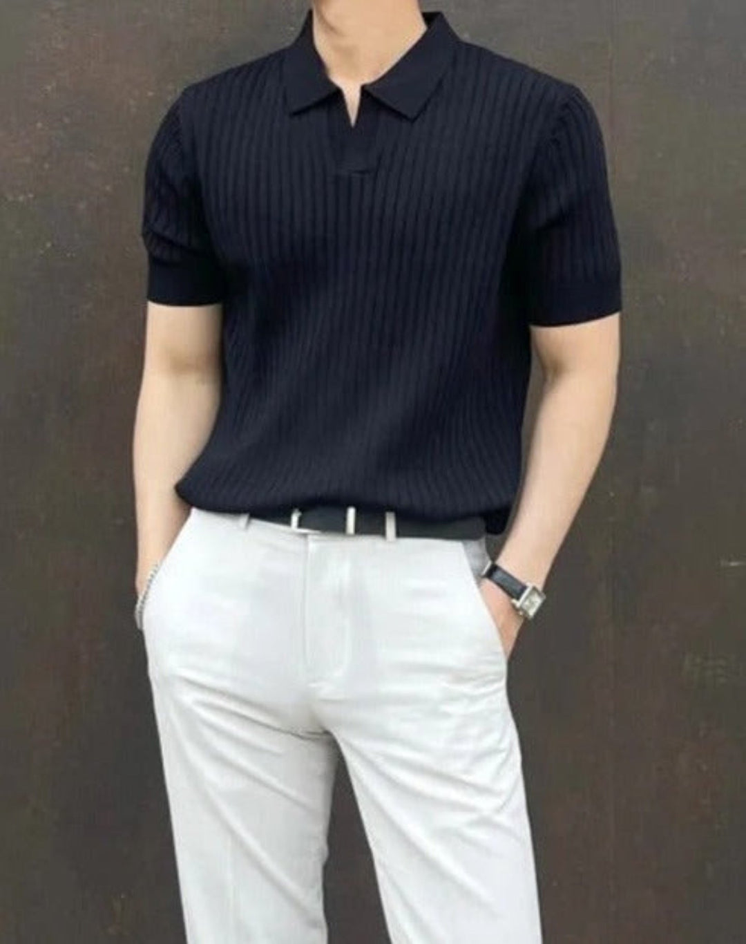 Polo Homme Céleste | Maille Côtelée & Col Ouvert, Coupe Ajustée 4