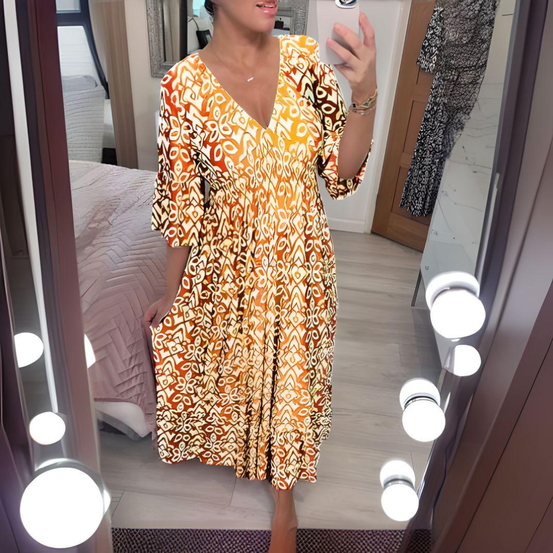Robe Boheme Bella | Décolleté en V, motif graphique, longueur cheville 1