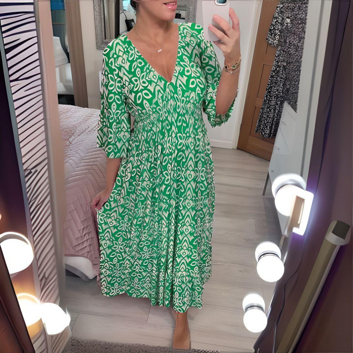 Robe Boheme Bella | Décolleté en V, motif graphique, longueur cheville 3