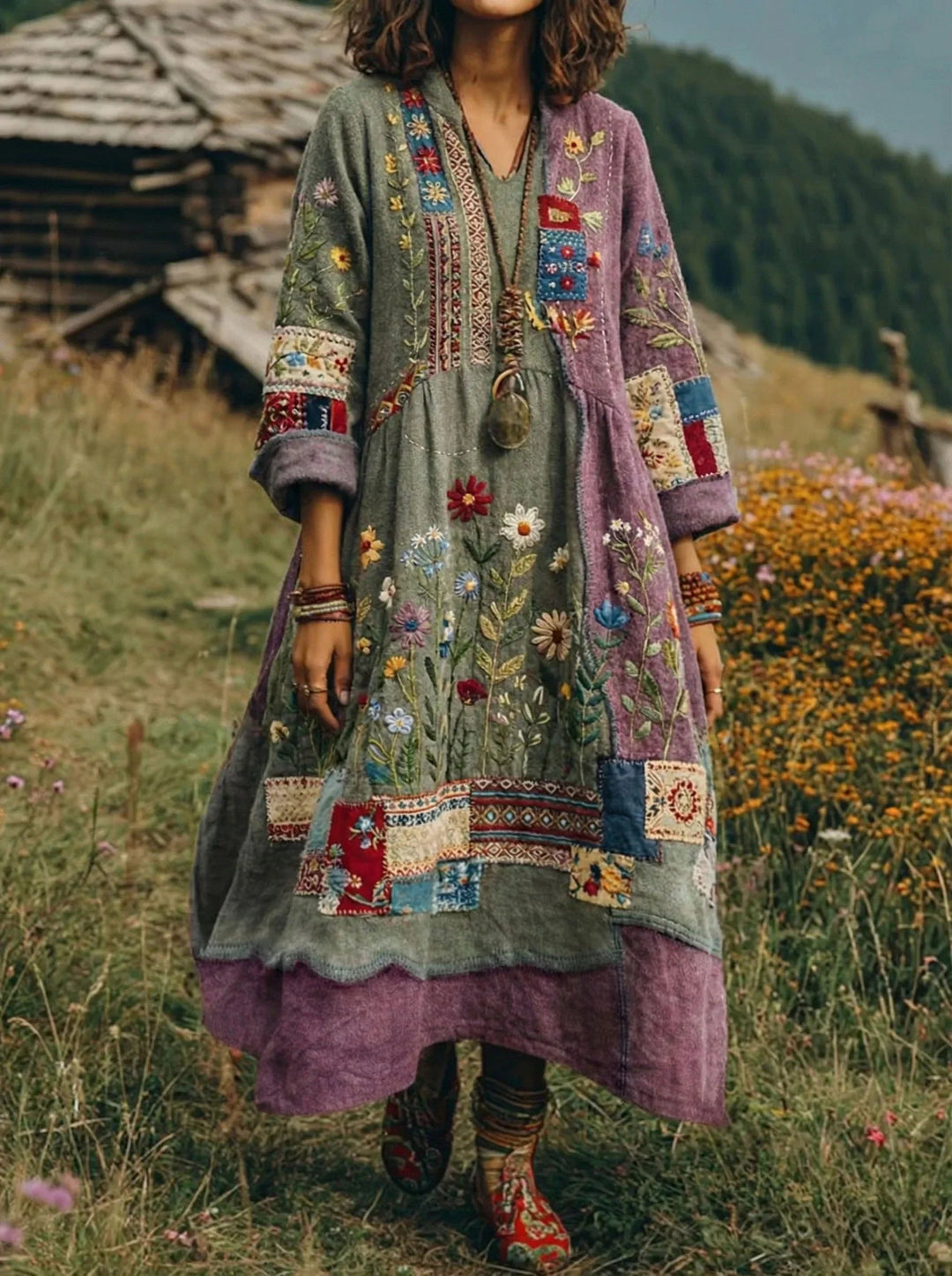 Robe Bohème Éthnique Liora | Patchwork Artistique, Coupe Fluide 0