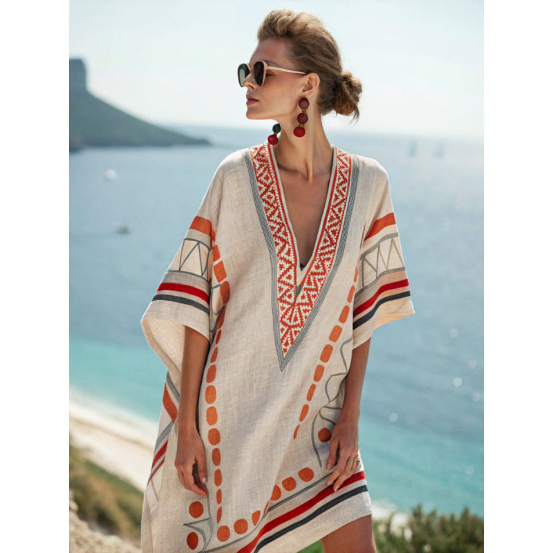 Robe Caftan Bella | Coton et Lin Léger, Broderies Élégantes, Style Bohème pour Femmes 0