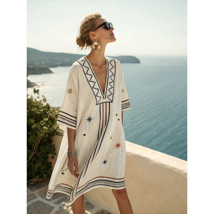 Robe Caftan Bella | Coton et Lin Léger, Broderies Élégantes, Style Bohème pour Femmes 1