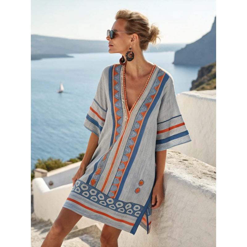 Robe Caftan Bella | Coton et Lin Léger, Broderies Élégantes, Style Bohème pour Femmes 10