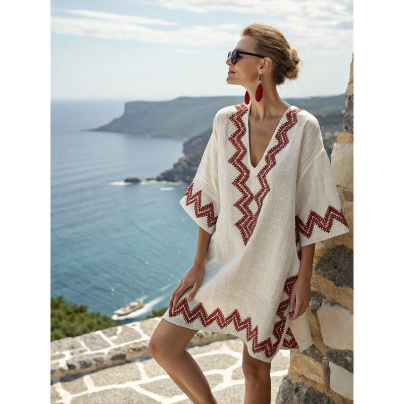 Robe Caftan Bella | Coton et Lin Léger, Broderies Élégantes, Style Bohème pour Femmes 3