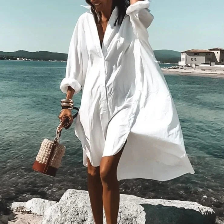 Robe Chemise Longue Bella Femme | Tissu Léger, Manches Longues, Blanche 0