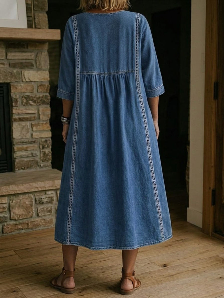 Robe Dena Longue Femme | Denim Léger, Col V, Détails en Dentelle 3