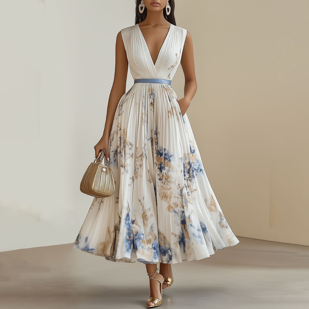 Robe Fleurie Mariage Élégante | Taille Haute, Jupe Évasée, Imprimé Bleu et Blanc 0