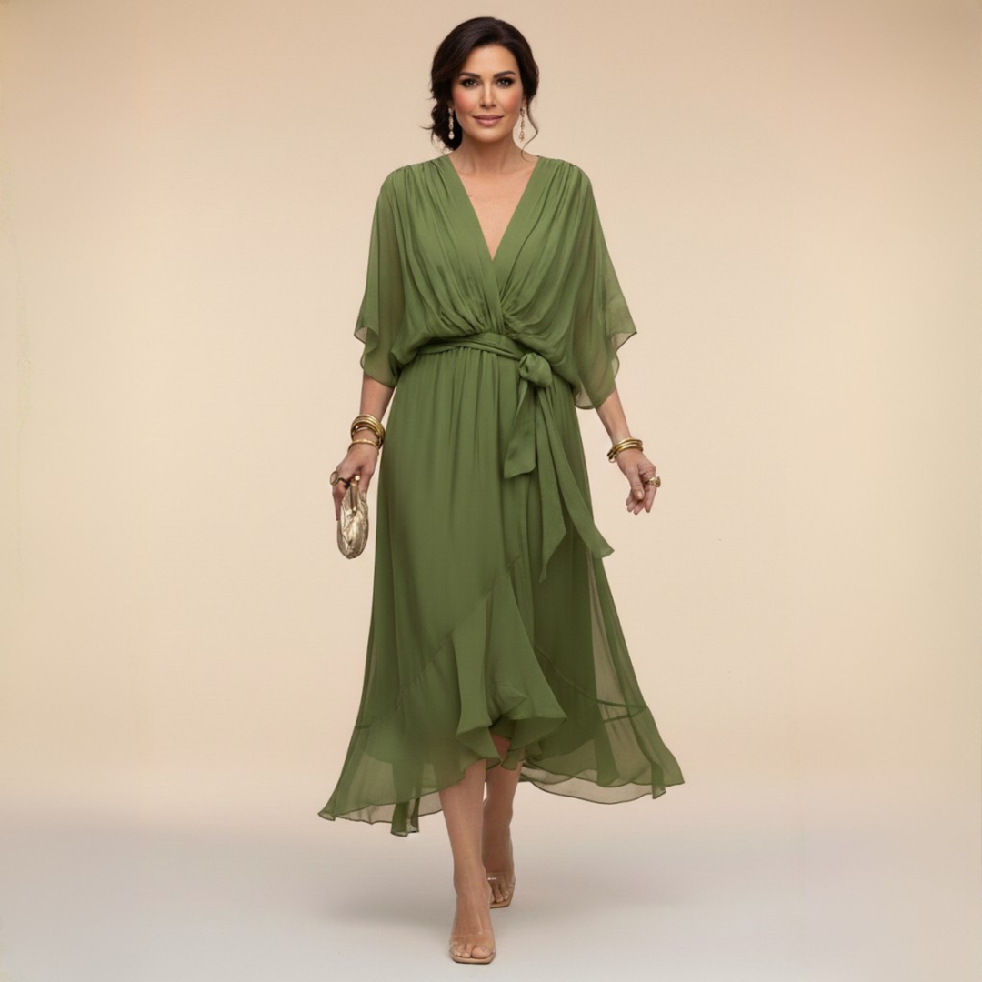 Robe Florine Longue Femme | Chiffon Léger, Col V, Taille Ceinturée 0
