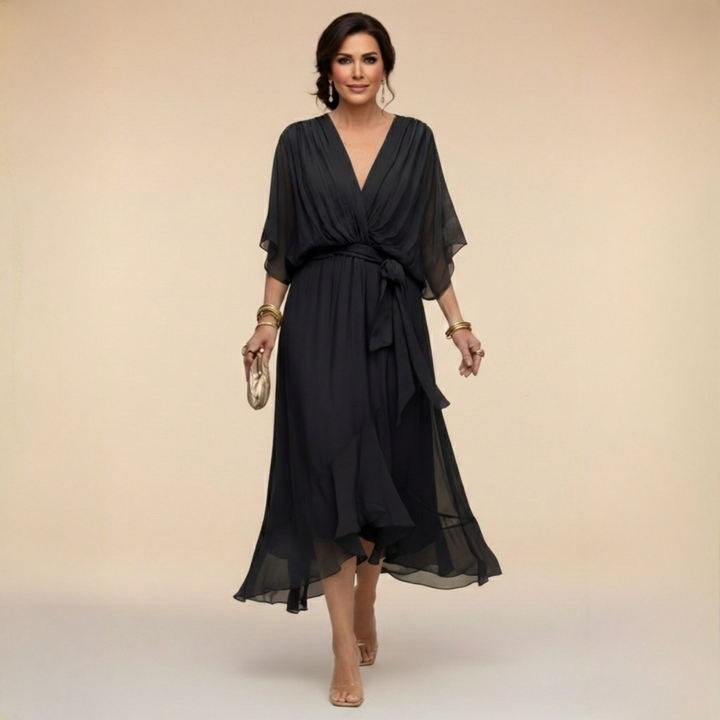 Robe Florine Longue Femme | Chiffon Léger, Col V, Taille Ceinturée 1