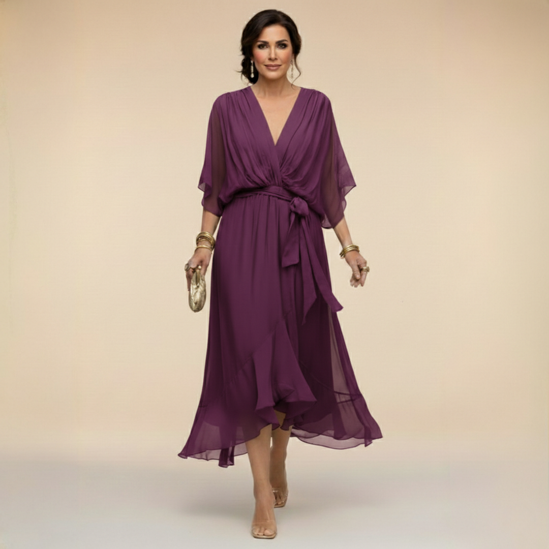 Robe Florine Longue Femme | Chiffon Léger, Col V, Taille Ceinturée 7