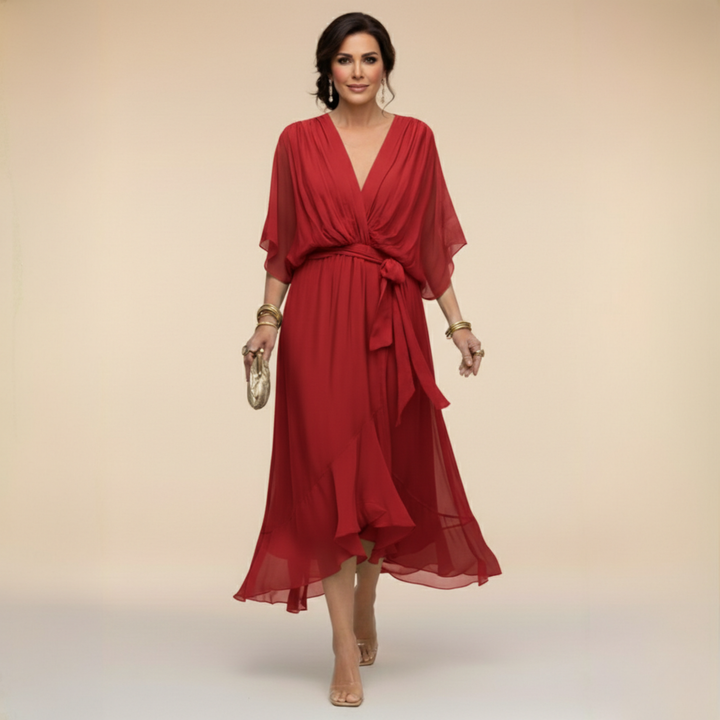 Robe Florine Longue Femme | Chiffon Léger, Col V, Taille Ceinturée 8