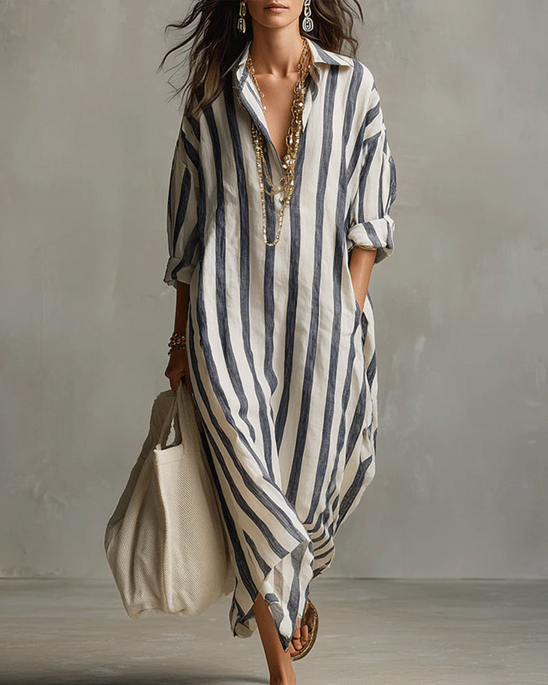 Robe Léna Maxi Longue Femme | Coupe Fluide, Col Revers Élégant, Rayures Verticales 0