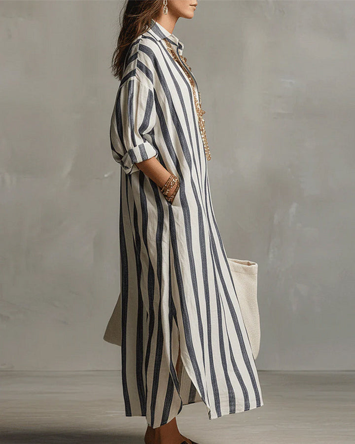 Robe Léna Maxi Longue Femme | Coupe Fluide, Col Revers Élégant, Rayures Verticales 1