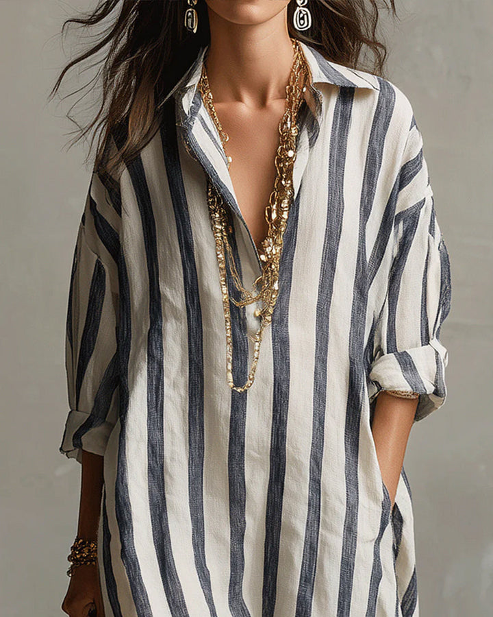 Robe Léna Maxi Longue Femme | Coupe Fluide, Col Revers Élégant, Rayures Verticales 2
