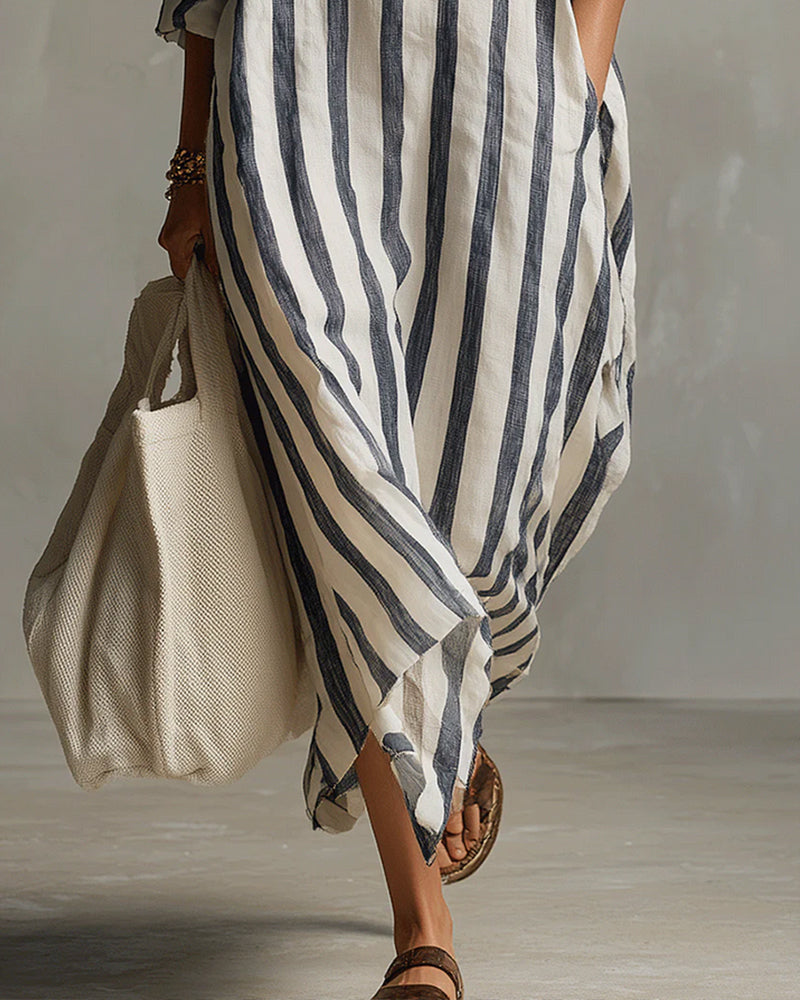 Robe Léna Maxi Longue Femme | Coupe Fluide, Col Revers Élégant, Rayures Verticales 3