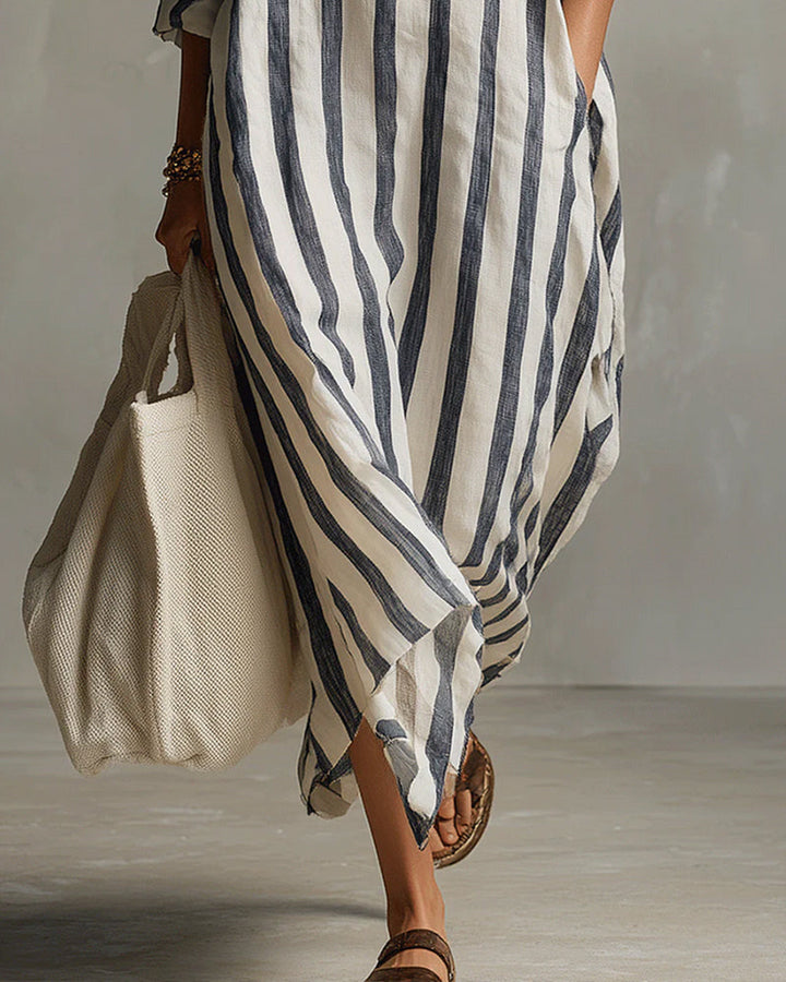 Robe Léna Maxi Longue Femme | Coupe Fluide, Col Revers Élégant, Rayures Verticales 3