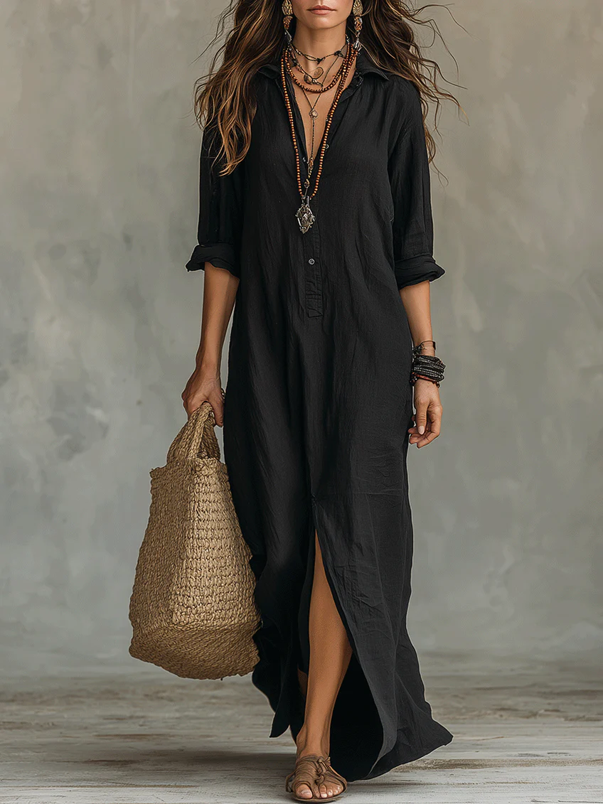 Robe Lila Longue Femme | Col Chemise, Coupe Fluide Élégante 0