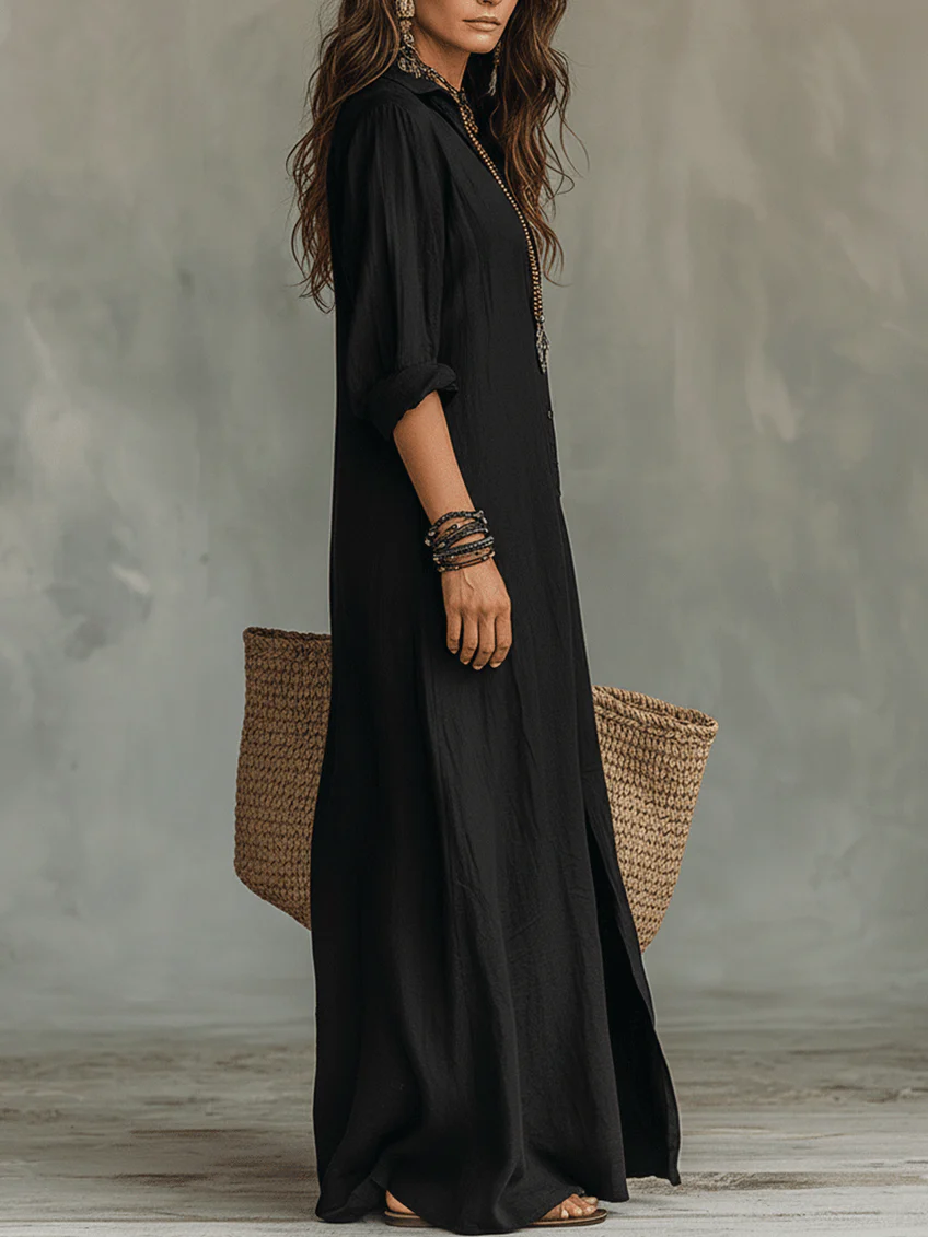 Robe Lila Longue Femme | Col Chemise, Coupe Fluide Élégante 1
