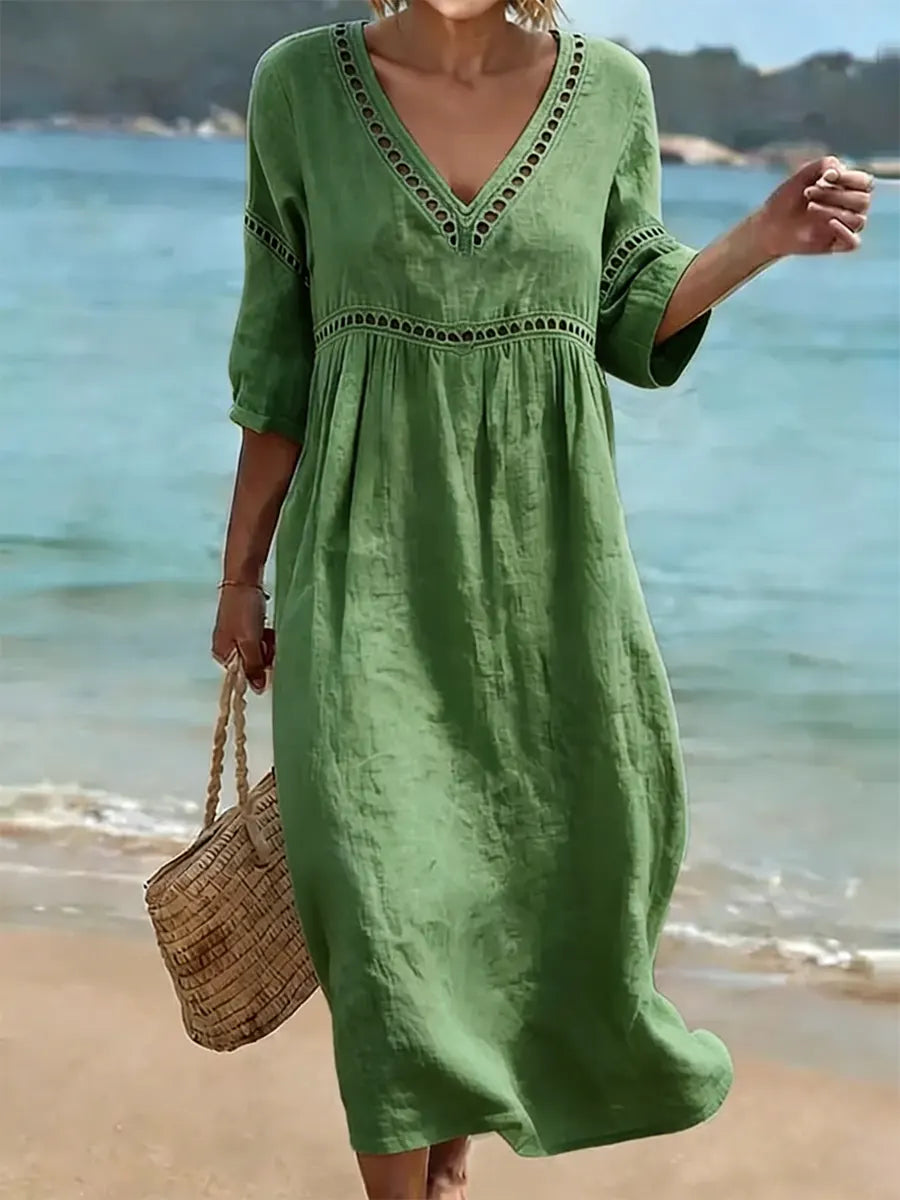 Robe Lila Longue Femme | Coton Léger, Col en V Flatteur 0