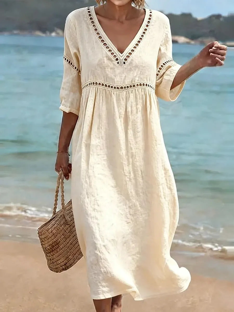 Robe Lila Longue Femme | Coton Léger, Col en V Flatteur 1