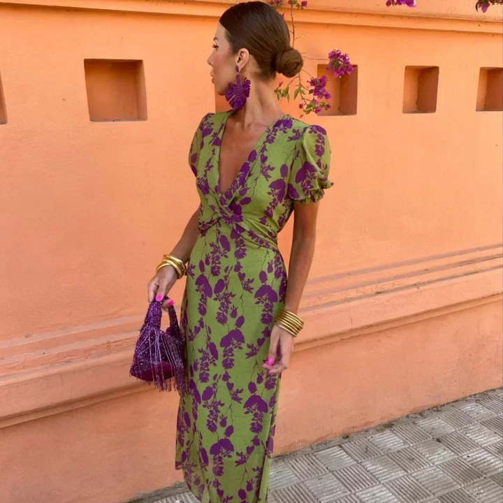 Robe Livia Longue Fleurie | Fluide, Col V Croisé, Multicolore 1