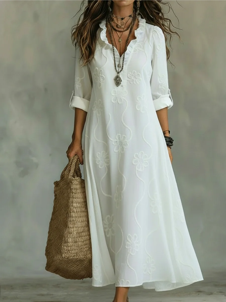 Robe Longue Femme Bella | Mélange Coton et Lin, Col V Brodé, Maxi jusqu’à la Cheville 0