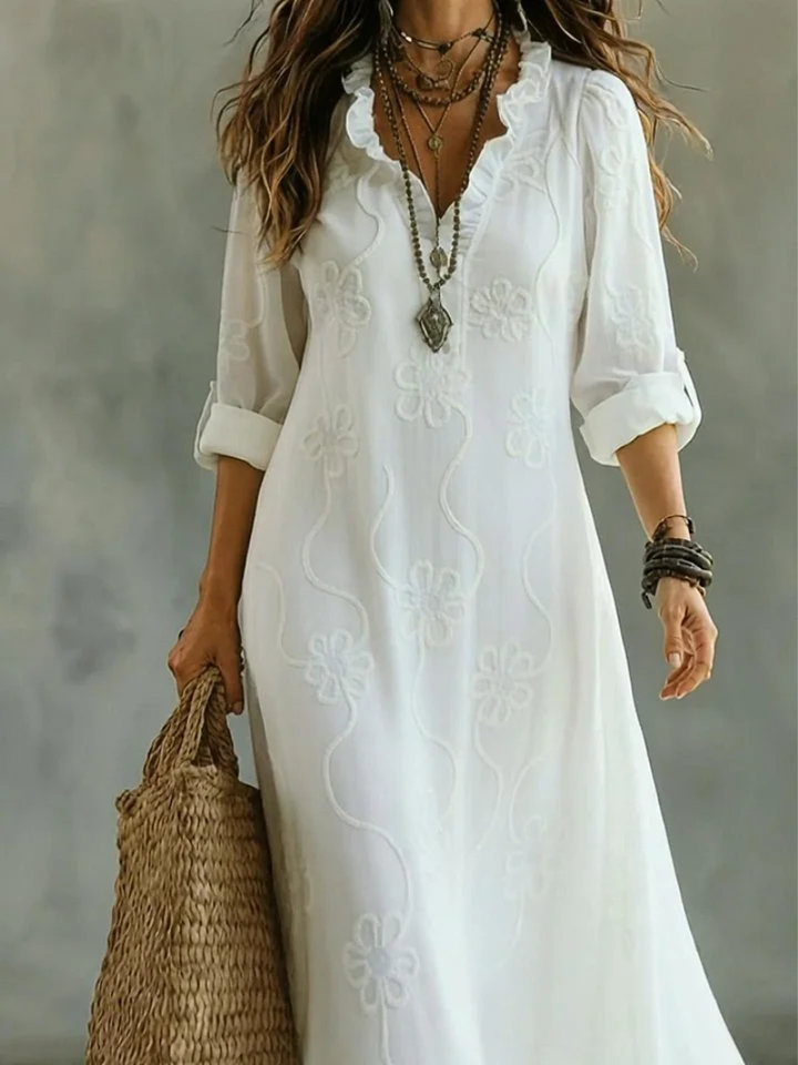 Robe Longue Femme Bella | Mélange Coton et Lin, Col V Brodé, Maxi jusqu’à la Cheville 1