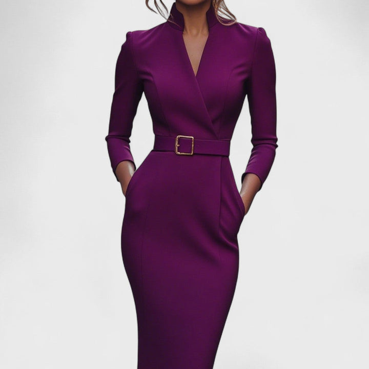 Robe Mira Élégante | Ceinture Ajustable, Col Mao Femme 2