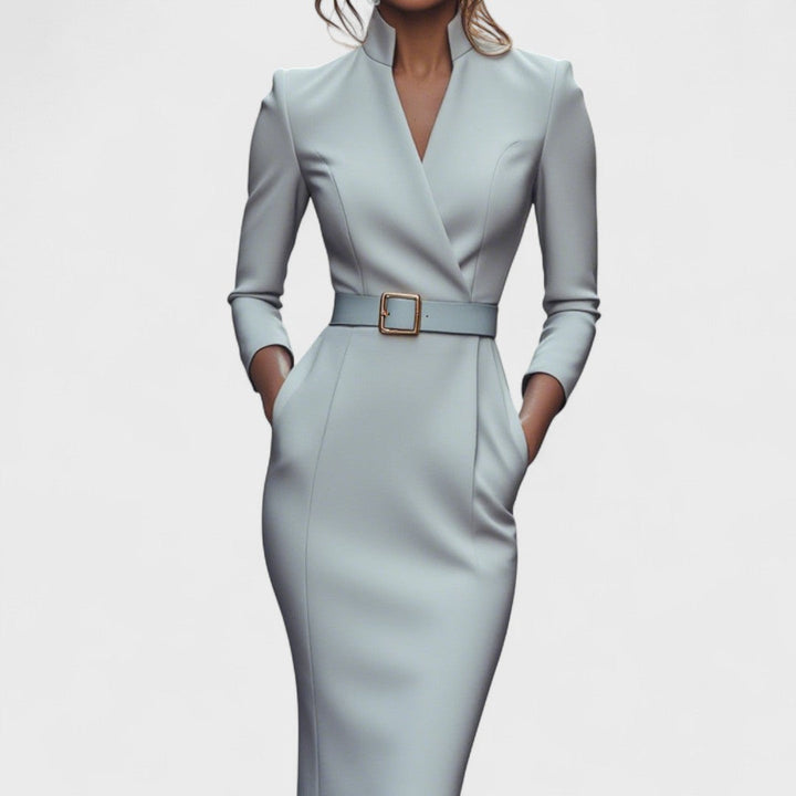 Robe Mira Élégante | Ceinture Ajustable, Col Mao Femme 7