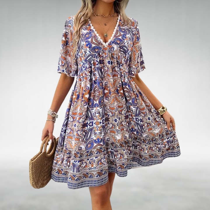 Robe courte Bianca | Style Boho, décolleté en V, motif ethnique 1