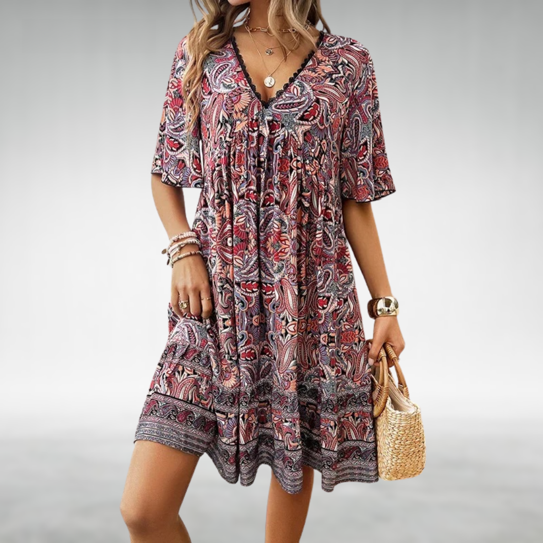 Robe courte Bianca | Style Boho, décolleté en V, motif ethnique 2