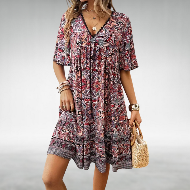 Robe courte Bianca | Style Boho, décolleté en V, motif ethnique 2