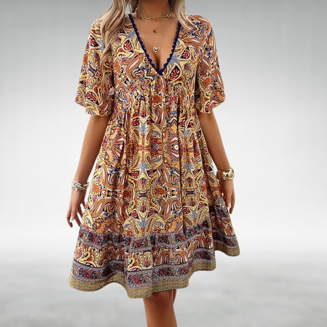 Robe courte Bianca | Style Boho, décolleté en V, motif ethnique 3