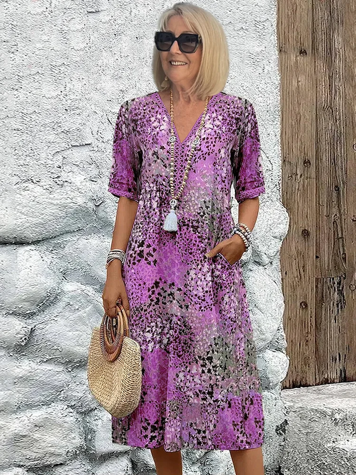 Robe d'été Viona | Décolleté en V, motif floral intégral, longueur genou 3
