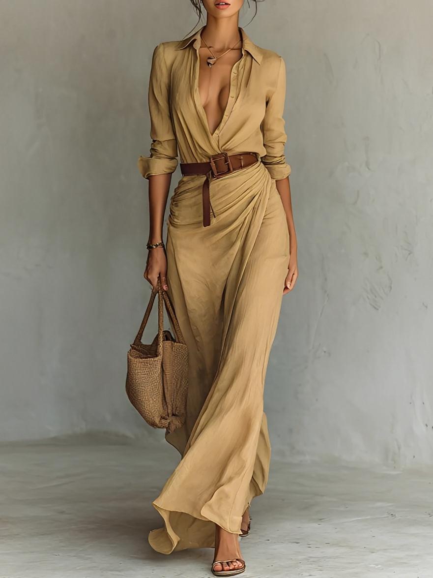 Robe longue Clara | Ceinture Taille Marquée & Manches Longues en Coton Doux 1