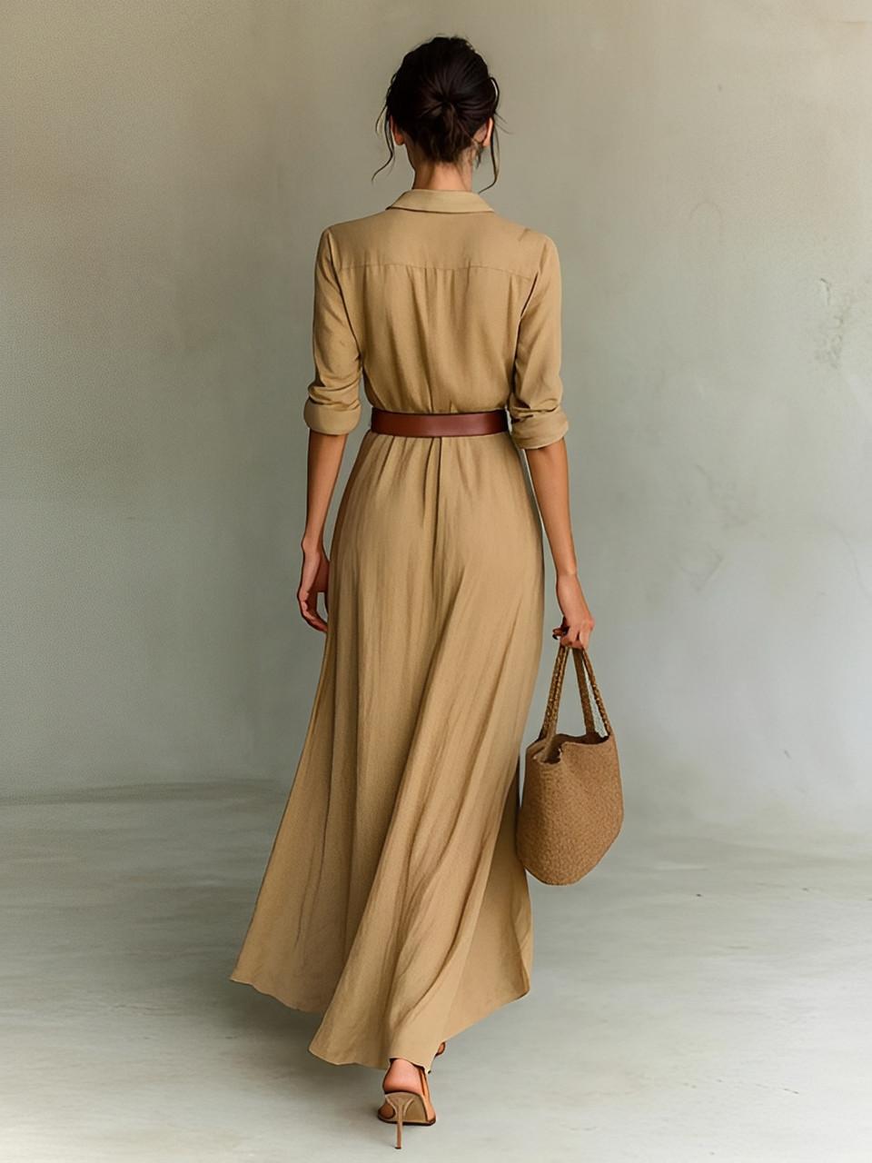 Robe longue Clara | Ceinture Taille Marquée & Manches Longues en Coton Doux 3