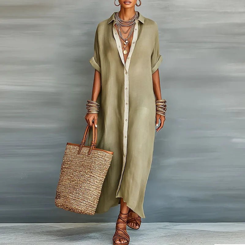 Robe longue Clara | Coton-lin léger, manches courtes, élégante pour l'été 0