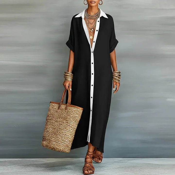 Robe longue Clara | Coton-lin léger, manches courtes, élégante pour l'été 4