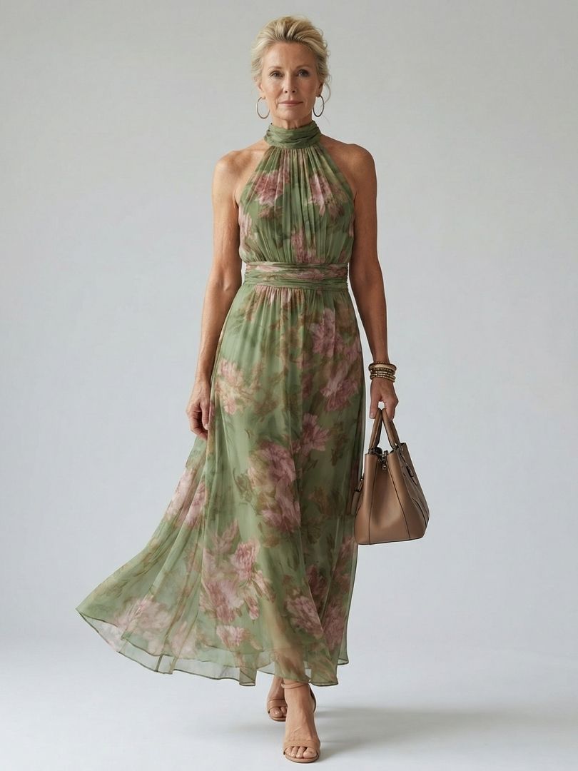 Robe longue Fleurine | Imprimé floral, ceinture intégrée, sans manches 1