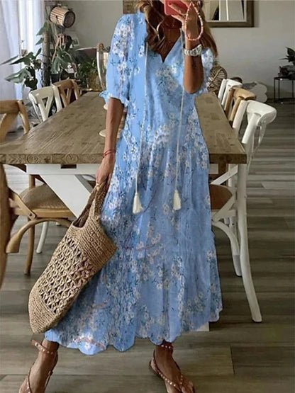 Robe longue Giselle | Imprimé géométrique, manches lanternes et coupe trapèze 11