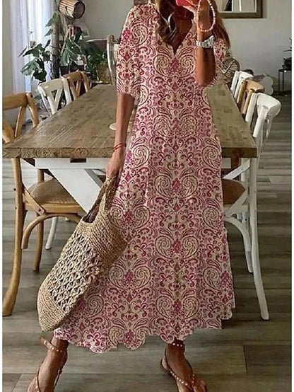 Robe longue Giselle | Imprimé géométrique, manches lanternes et coupe trapèze 4