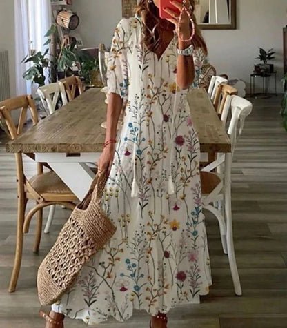 Robe longue Giselle | Imprimé géométrique, manches lanternes et coupe trapèze 7