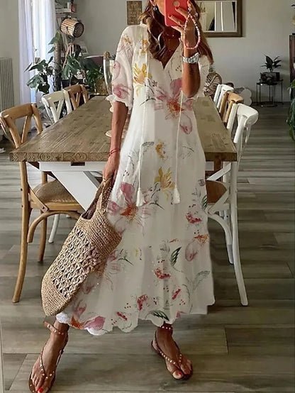 Robe longue Giselle | Imprimé géométrique, manches lanternes et coupe trapèze 9