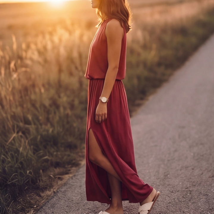 Robe longue Kateline | Maxi fluide, col rond, sans manches, fente latérale 1